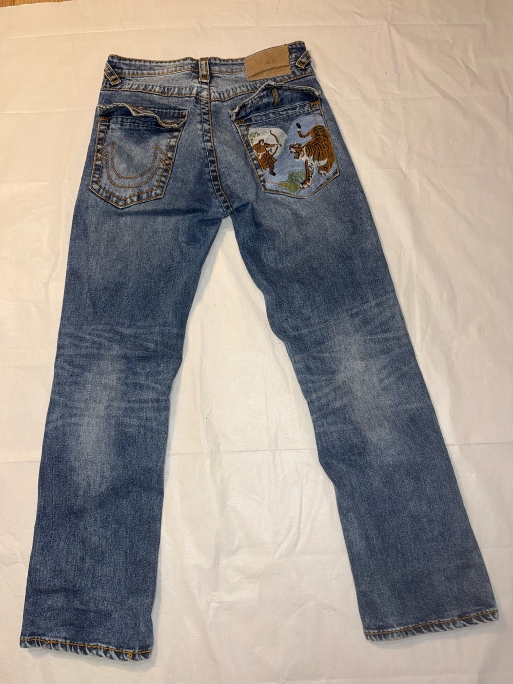 True Religion Men's Blue Straight Jeans with Embroidered Pocket Scene